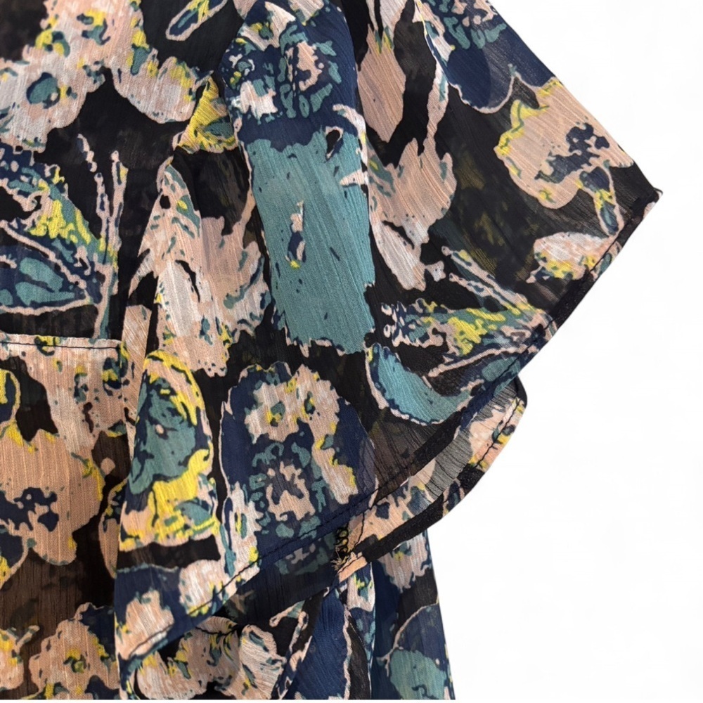 Fun 2 Fun Navy Teal Flutter Sleeve V-Neck Sheer Floral Boho Blouse Size Small - Picture 4 of 11